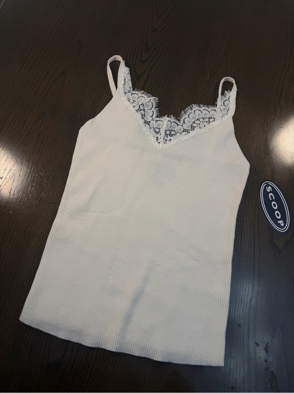 Lace-Trim Ribbed Cami Tank Top in Ivory Scoop M NEW